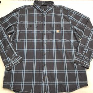 CARHARTT Flannel Shirt Men 2XL Tall Blue Slate Window Pane Plaid Loose Fit